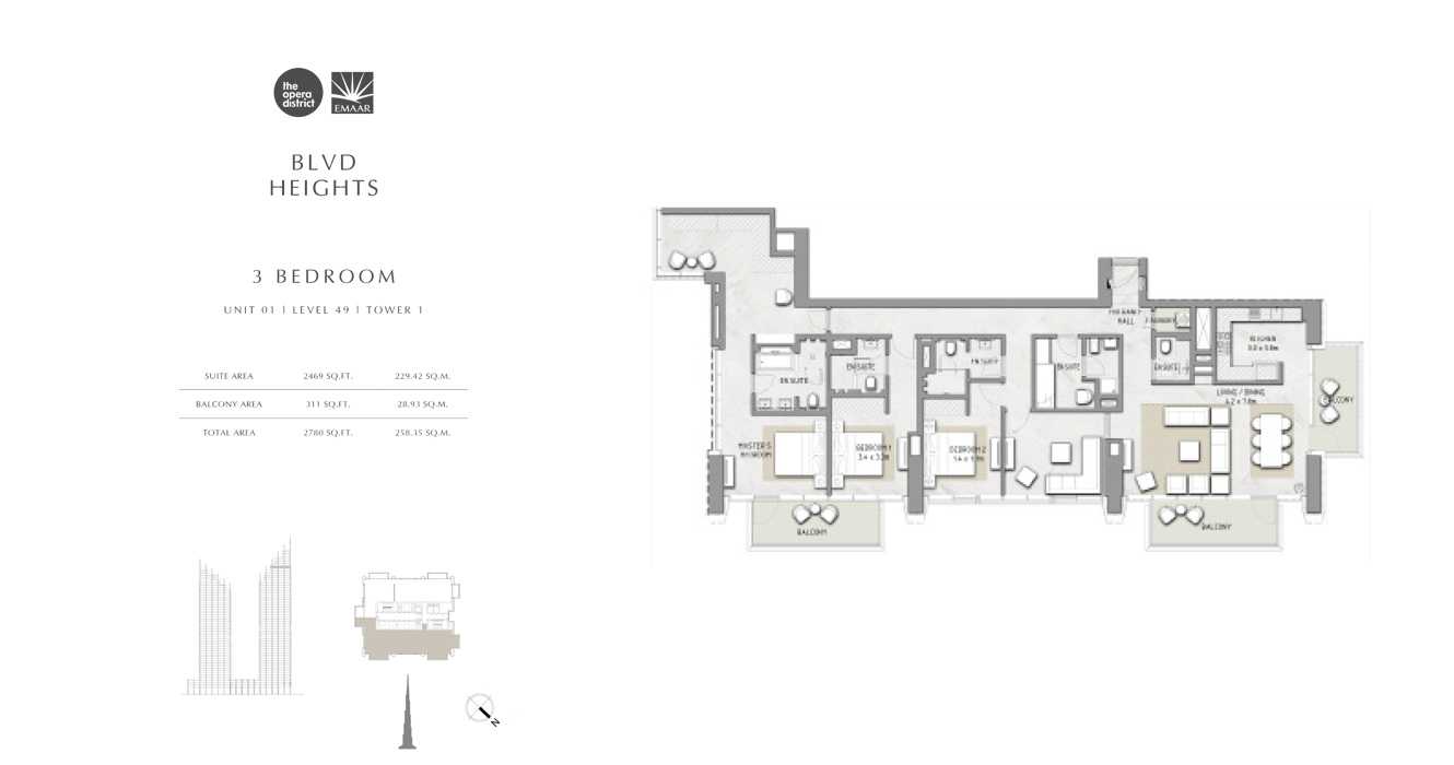 3 Bedroom Unit 01, Tower 1, Size 2780 sq ft